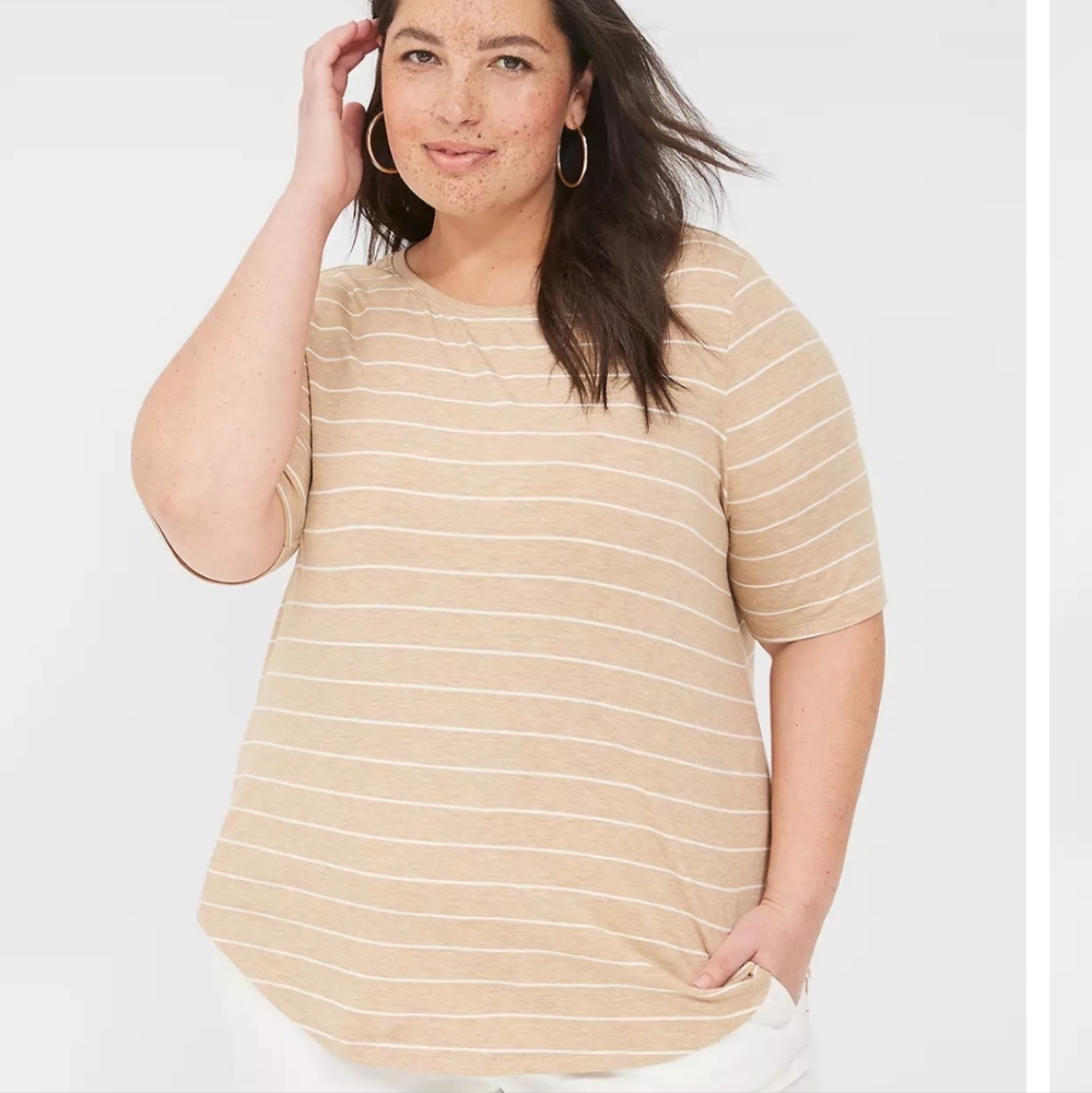 Lane Bryant Womens T-Shirt Tan/White Stripe Short Sleeve Crew Neck Plus Sz 26/28